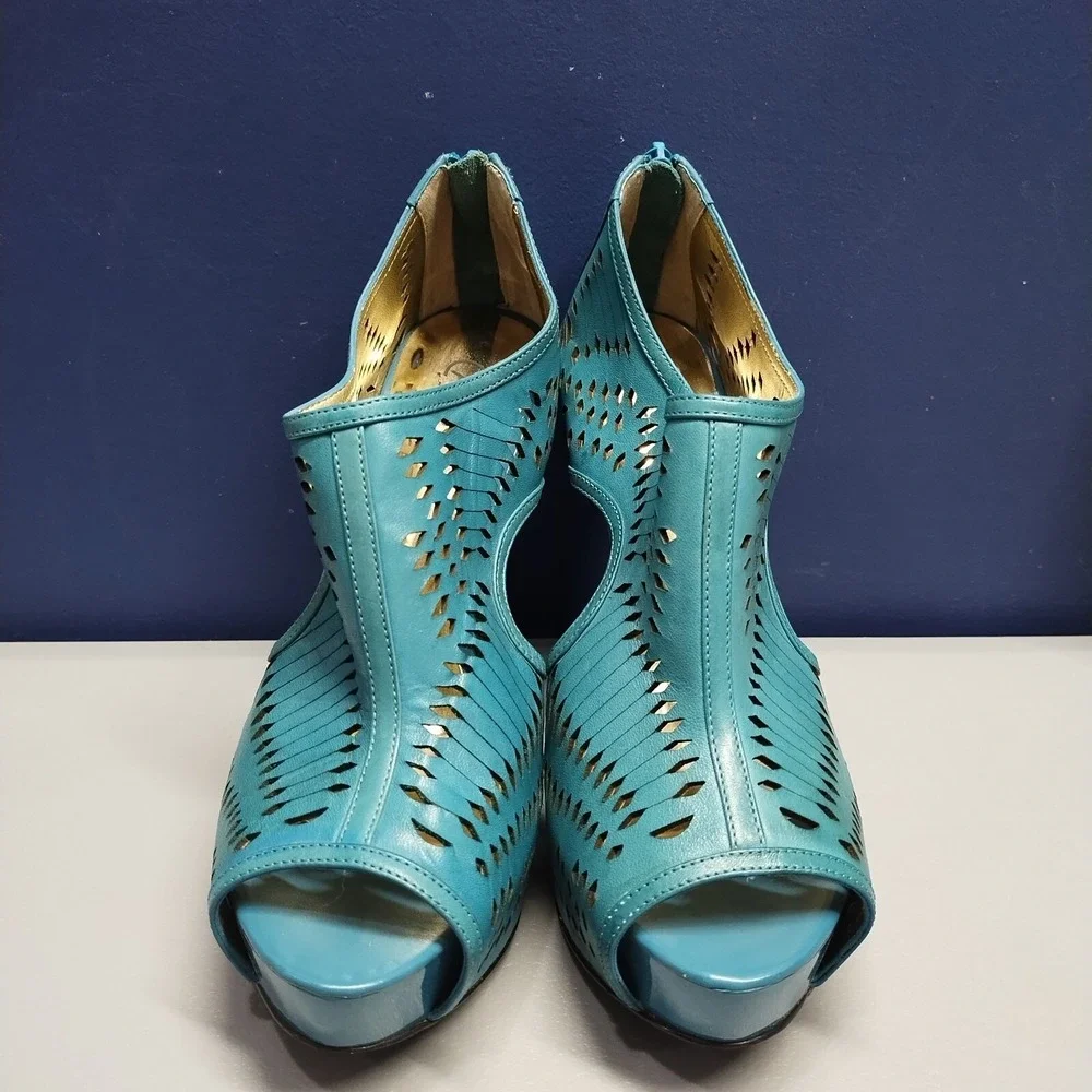 Carlos Santana Joplin Platform Heels Womens 8 Turquoise Leather Cut Out Open Toe